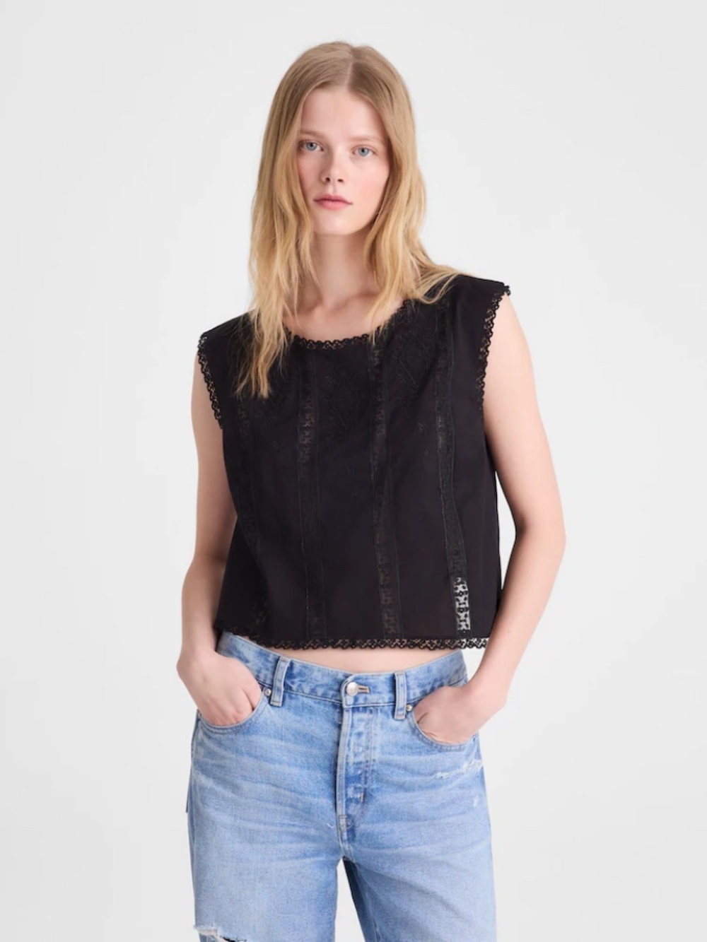 Madewell Embroidered Lace-Insert Top Black L
